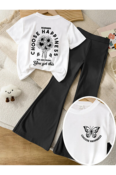 MORNİNG KİDS Girls' Choose Happıness Front Back Printed White T-Shirt-Black S...