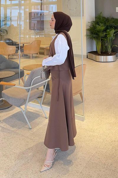lamelif Σετ Hijab με λεπτομέρεια δεσίματος Μαλακό καφέ