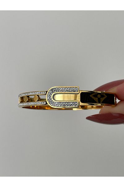 JELLY Women's Steel Gold Color Clover Model Zircon Stone Brown Leather Detailed Handcuff Bracelet
