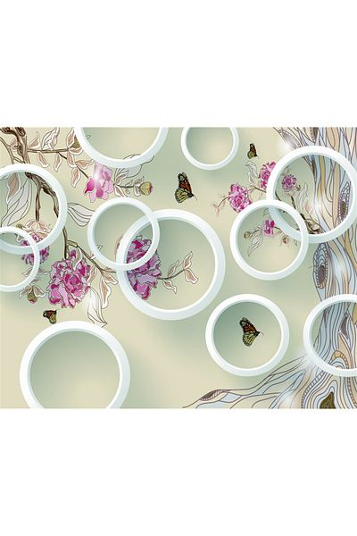 media Photo wallpaper Butterflies, flowers and circles, 350 x 200 cm