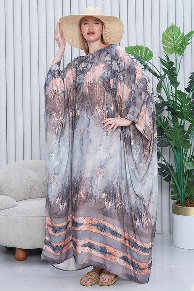 EMY TEKSTİL Women's Patterned Oversize Long Viscose Dress Gray