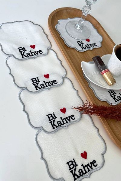 Zeria Home 6 Pieces of Know Coffee Embroidered Coffee Side Cocktail Napkin & Coaster & Presentation Holder