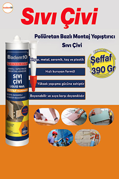 Badem10 Sıvı Çivi 390 Gr Montaj Yapıştırıcısı Su Geçirmez Mutfak Banyo Ahşap Dolap Beton Fayans Mermer
