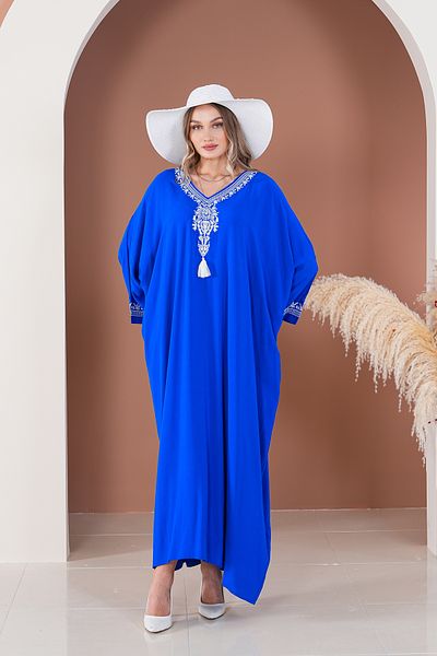 EMY TEKSTİL Women's Plus Size Embroidered Viscose Long Dress Saks Blue