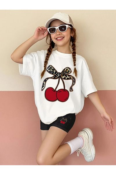 MORNİNG KİDS Girl's Leopard Cherry Printed White T-Shirt-Black Short Leggings Set