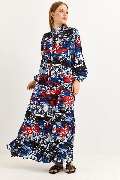 Raneel Kazançlı Alışveriş Button Collar Viscose Mixed Pattern Casual Dress Navy Blue