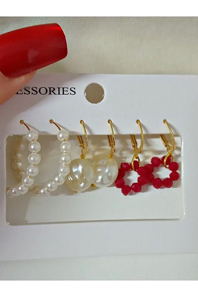 mos&more 3 Pairs Pearl Beaded Hoop Women's Earring Set