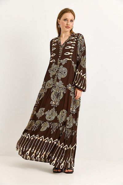 Raneel Kazançlı Alışveriş Button Collar Viscose Mixed Pattern Casual Dress Brown