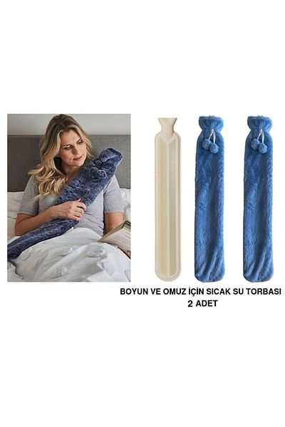 Bosphorus Warm Water Bag 2 Pcs, 2Lt Thermofor with Long Plush Blue Pompom for Neck and Shoulder 75X13Cm