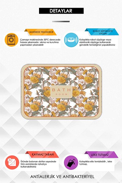 Argento Machine Washable Non-Slip Base Ecru Flower Patterned 2-Piece Bath Mat Set 60X90+40X60