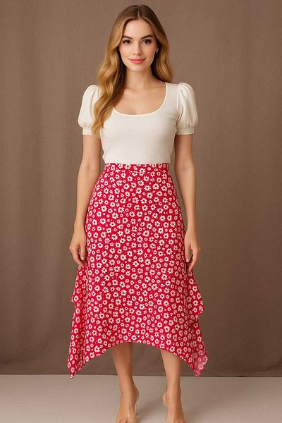 gigigiyim Floral Patterned Asymmetrical Cut Women's Skirt Red
