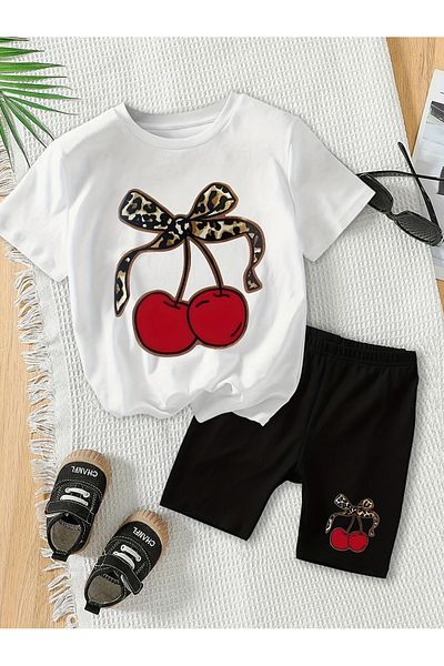 MORNİNG KİDS Girl's Leopard Cherry Printed White T-Shirt-Black Short Leggings Set