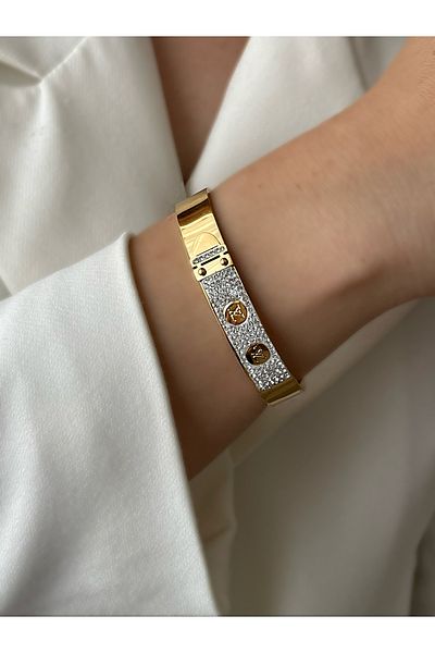 JELLY Women's Steel Gold Color Belt Detailed Zircon Stone Sparkling Handcuff Bracelet