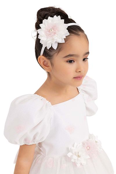 Pamina Elegant Dress For Girls, - Short, Matching Headband, White With Pink Details, 33094 - 98 Cm