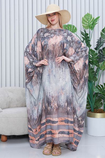 EMY TEKSTİL Women's Patterned Oversize Long Viscose Dress Gray