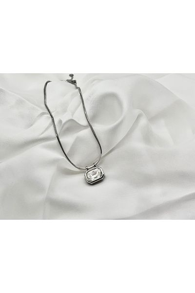 Lunays Stainless Steel Baguette Zircon Stone Women's Necklace Silver Color