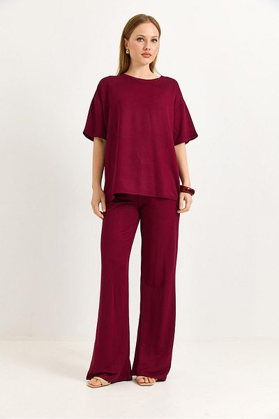 Raneel Kazançlı Alışveriş Comfortable Fit Crystal Knitted Tracksuit Set Burgundy