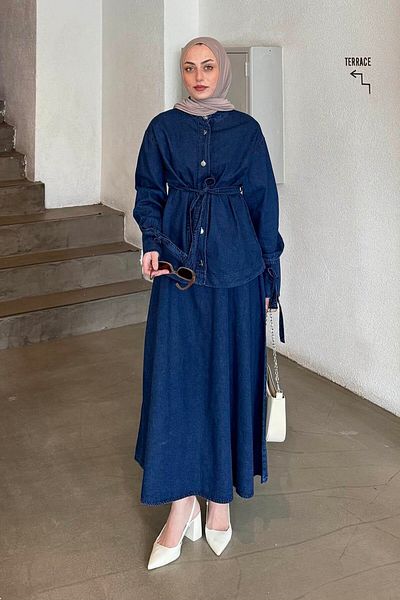 lamelif Button Front Denim Skirt Suit Denim Blue