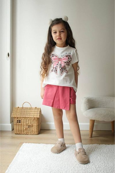 Skygo Bow Printed Stone Embroidered Shorts Skirt Girls' Set