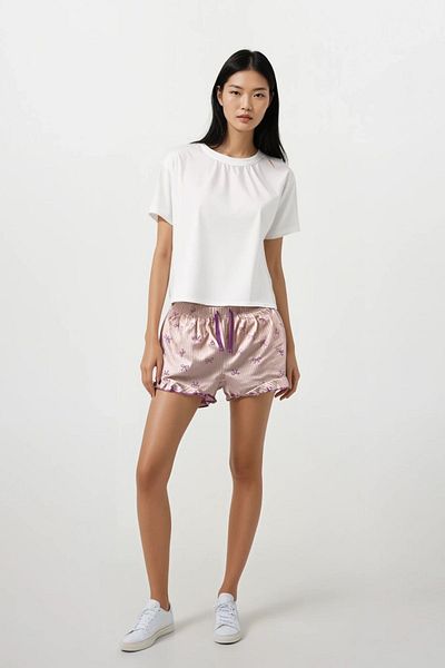Ecrou Pantaloni scurți de pijama cu volane cu model de fundă liliac pentru femei