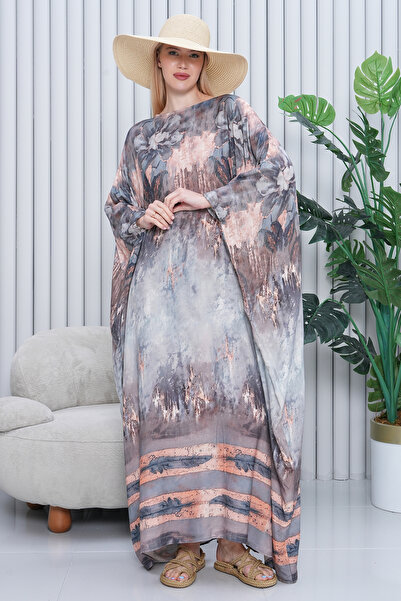EMY TEKSTİL Women's Patterned Oversize Long Viscose Dress Gray