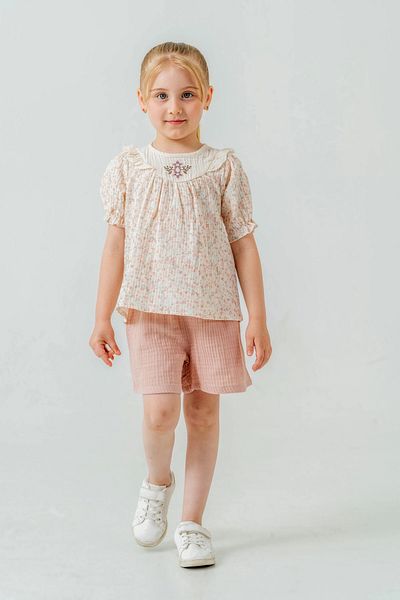 My Hanne Baby Girl Muslin Set with Floral Embroidered Shorts