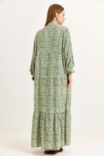 Raneel Kazançlı Alışveriş Collar Buttoned Viscose Ethnic Patterned Casual Dress Light Green