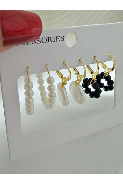mos&more 3 Pairs Pearl Beaded Hoop Women's Earring Set