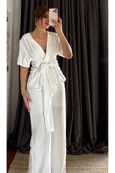 Daves White Elastic Waist Cotton Linen Trousers Set