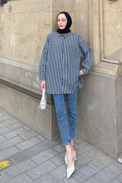 lamelif Carla ριγέ πουκάμισο Hijab Indigo