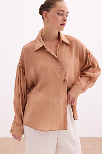 Sateen Düğme Aksesuarlı İnce Gömlek - Camel