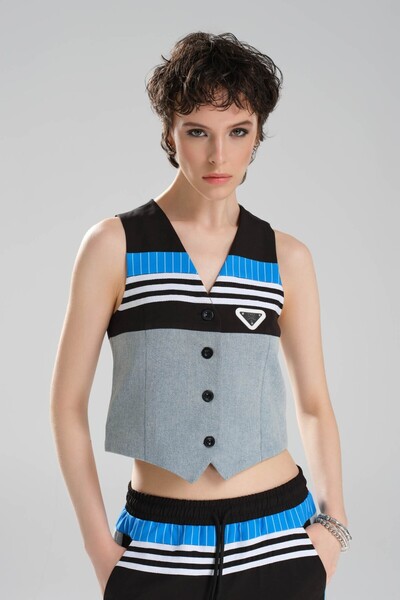 tw3 Women's Stripe Detailed and Denim Garnished Design Slim Fit Vest