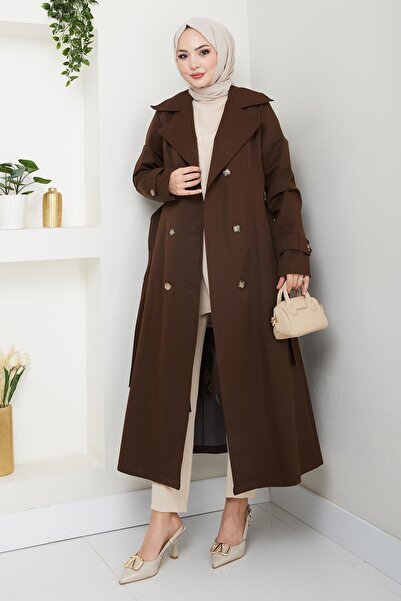 HARMAN BUTİK Γυναικεία καφέ καμπαρντίνα με κουμπιά