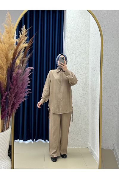 MİHRA STORE Yelita Slit Drawstring Strawberry Pants Suit-Mf462 Mink