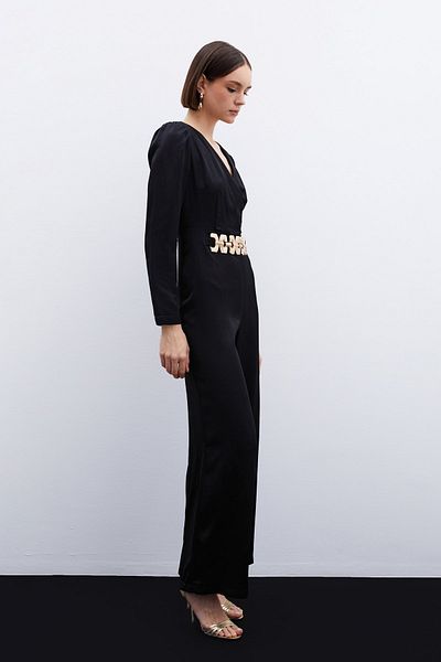 Sateen United Belted Satin Jumpsuit - Black