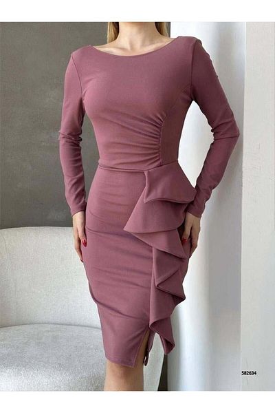 Modafeminen Λεπτομέρεια βολάν με μακρυμάνικο λαιμόκοψη Εισαγόμενο ρούχο από κρεπ ύφασμα 582634 Dusty Rose