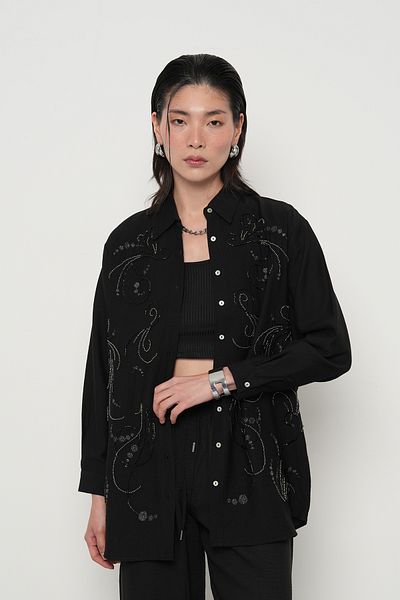 Orfeo Negro Cămașă DE FEMEIE, CAMPĂ DE CULOARE SOLIDĂ, CU Mărgele, CROP OVERSIZE