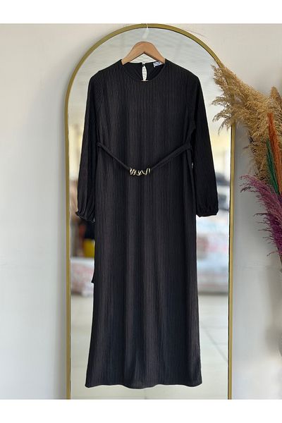 MİHRA STORE Kevser Wrinkle Fabric Dress-Bn4338 Black