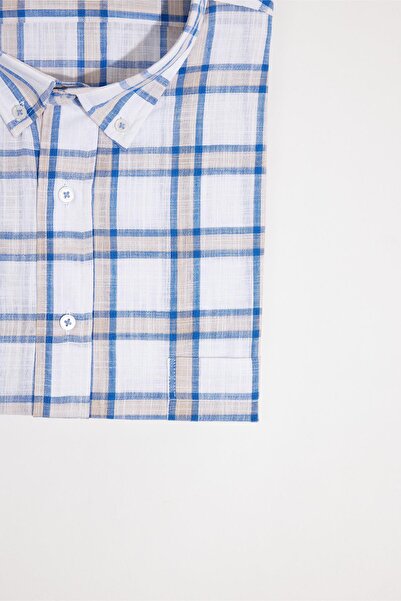 Tudors Men's Plus Size Lapel Button Checked Linen Effect Short Sleeve Shirt