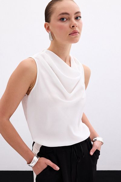 Sateen Plunging Neck Satin Blouse - Ecru