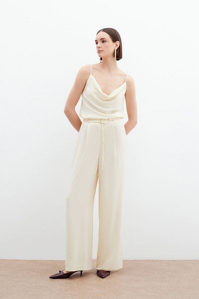 Sateen Belted Casual Trousers - Cream