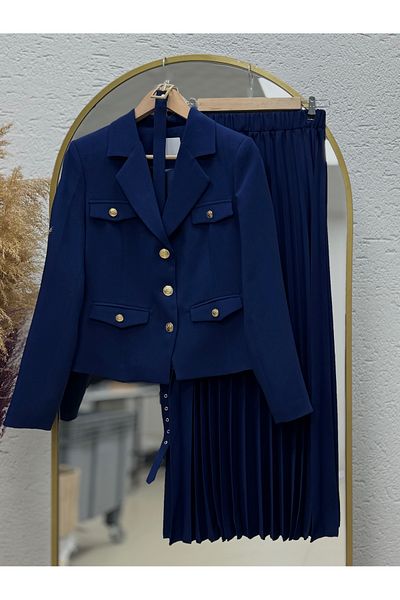 MİHRA STORE Zişan Jacket Skirt Pleated Crepe Suit-Ün2019 Navy Blue