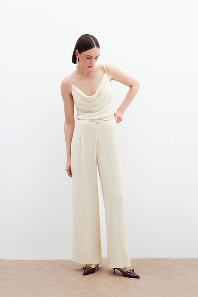 Sateen Belted Casual Trousers - Cream