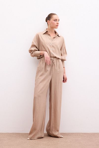 Sateen Elastic Waist Trousers - Camel