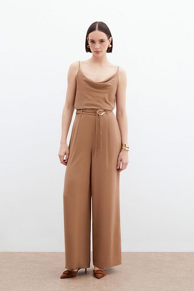 Sateen Belted Casual Trousers - Mink