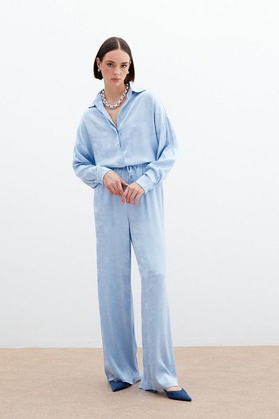 Sateen Jacquard Satin Trousers - Baby Blue