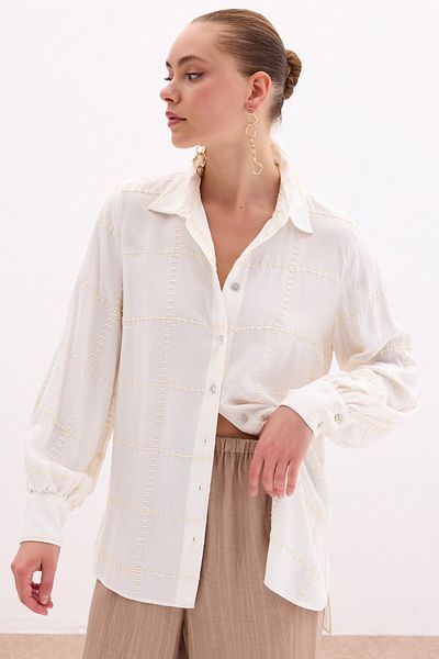 Sateen Embroidery Detailed Viscose Shirt - Cream