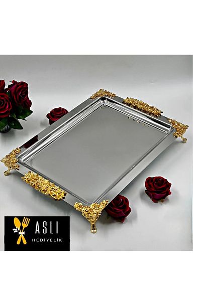 NEWTREND Züccaciye (43X33 cm) Silver Rectangular Stainless Plated Tea, Coffee, Treat Serving Presentation Tray with Stylish Accessories