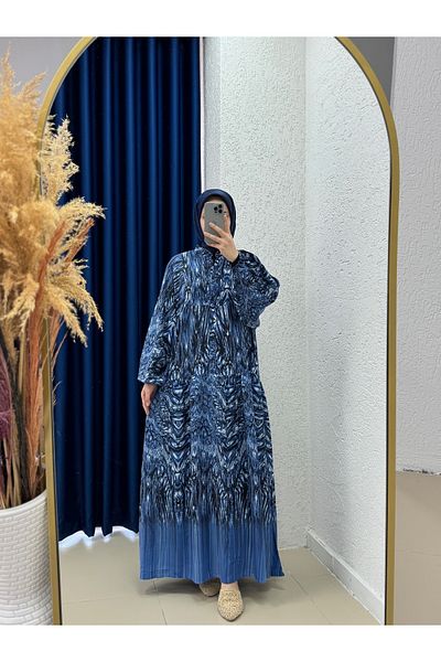 MİHRA STORE Como Vintage Patterned Viscose Dress-Pe606 Navy Blue