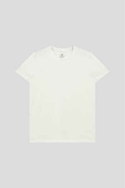 Erkek Ekru Renk %100 Pamuk Bisiklet Yaka Standart Fit Normal Kesim T-shirt